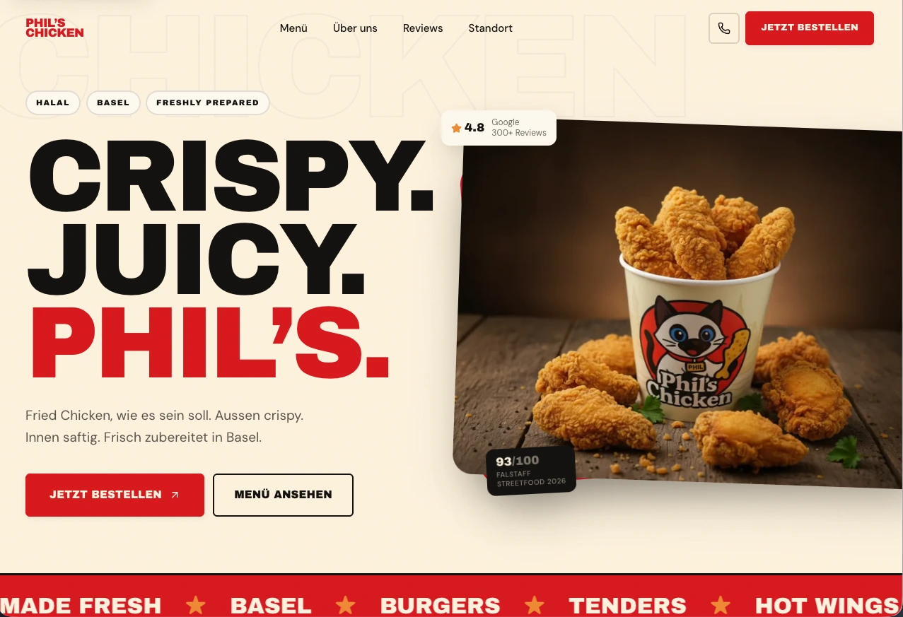 Startseite von Phil’s Chicken mit grosser rot-schwarzer Typografie, Fried-Chicken-Foto und Links zu Menü und Bestellung